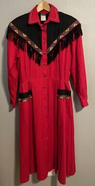 Vintage Choon Womens Midi Shirt Dress 12 Red Fringe Western Cowgirl 80s READ